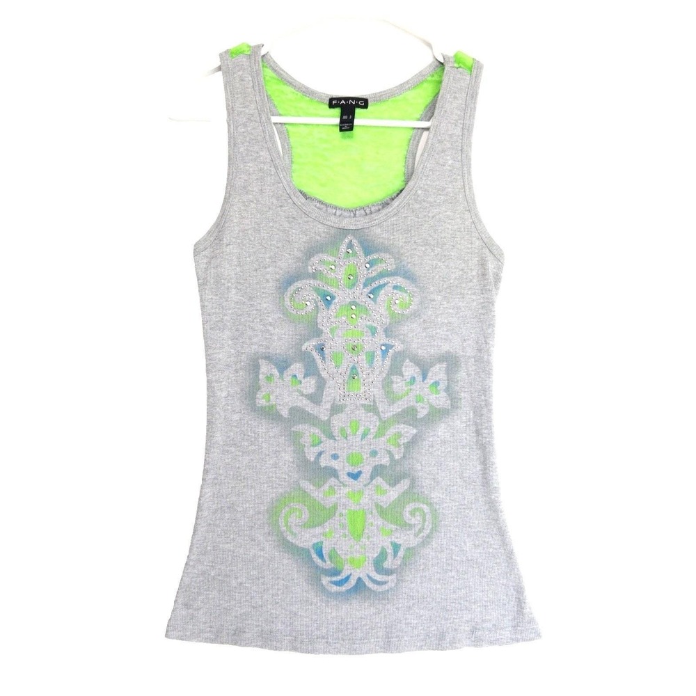 Y2k Fang Cyber Grunge Tribal Beaded Burnout Racerback Bling Tank Top Women L Vtg